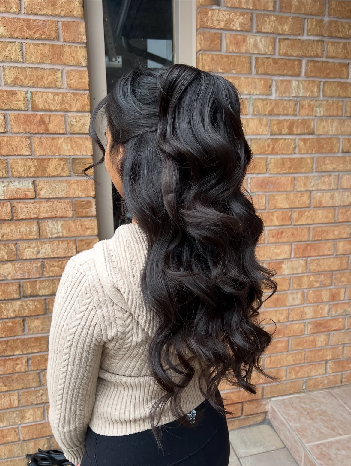 Voluminous Half Up Hollywood Waves On Dark Hair