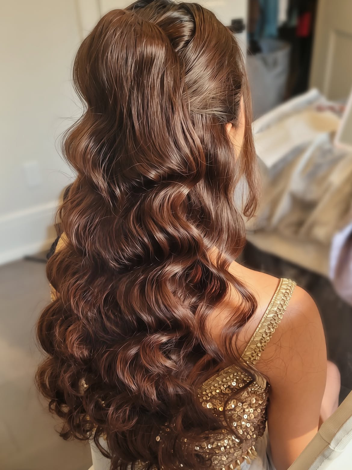 Voluminous Half Up Hollywood Waves On Espresso Hair