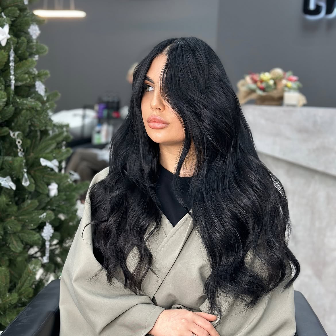 Voluminous Jet Black Waves With Curtain Bangs