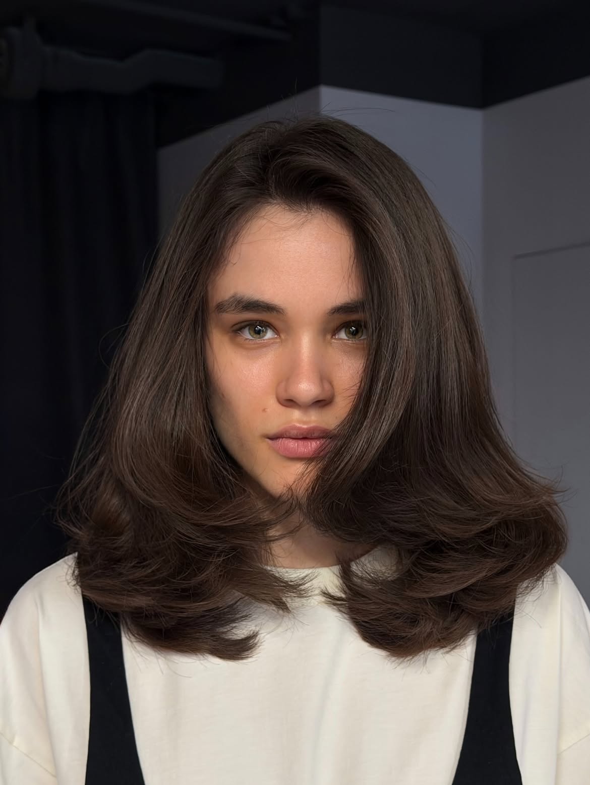 Voluminous Layered Dark Brown Collarbone Cut