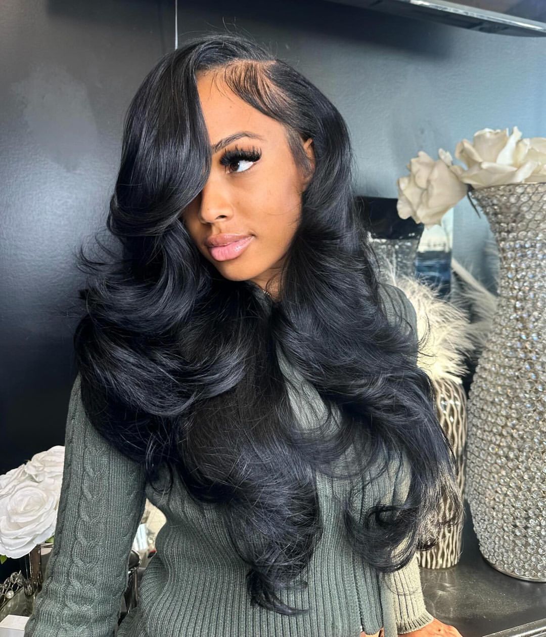 Voluminous Side Part Layers In Jet Black