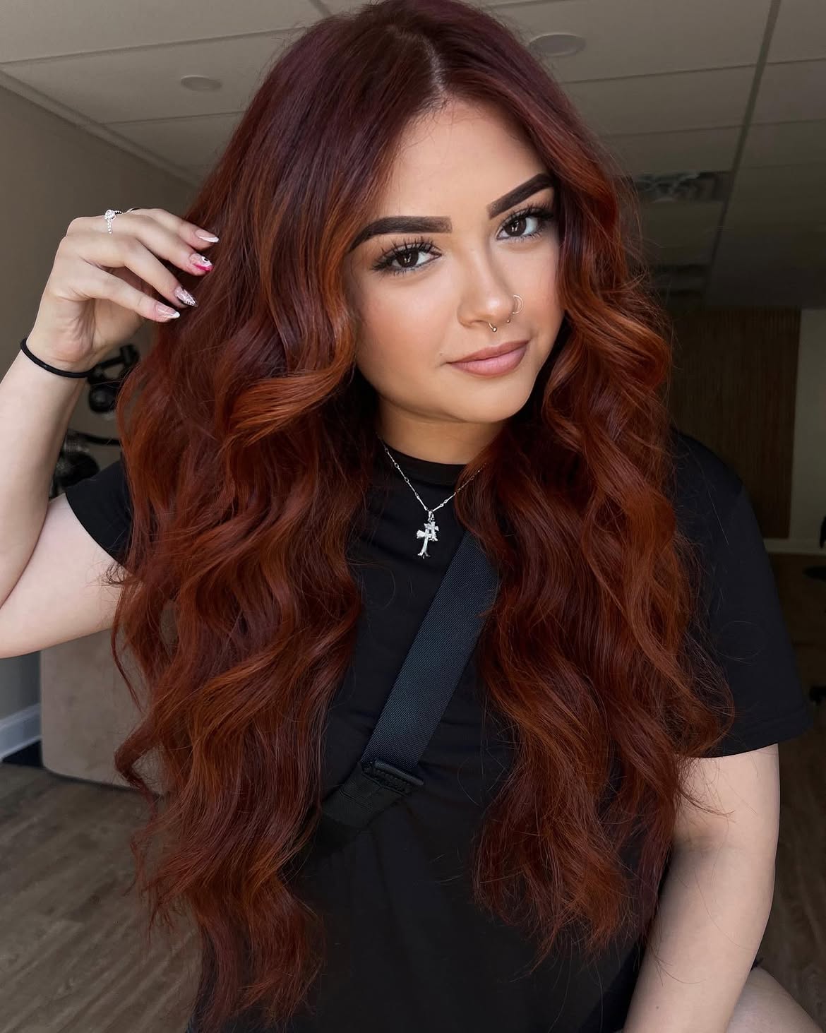 Warm Copper Balayage With Loose Hollywood Waves
