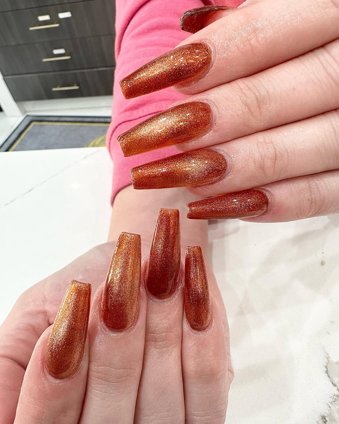 Warm Copper Cat Eye Coffin Nails