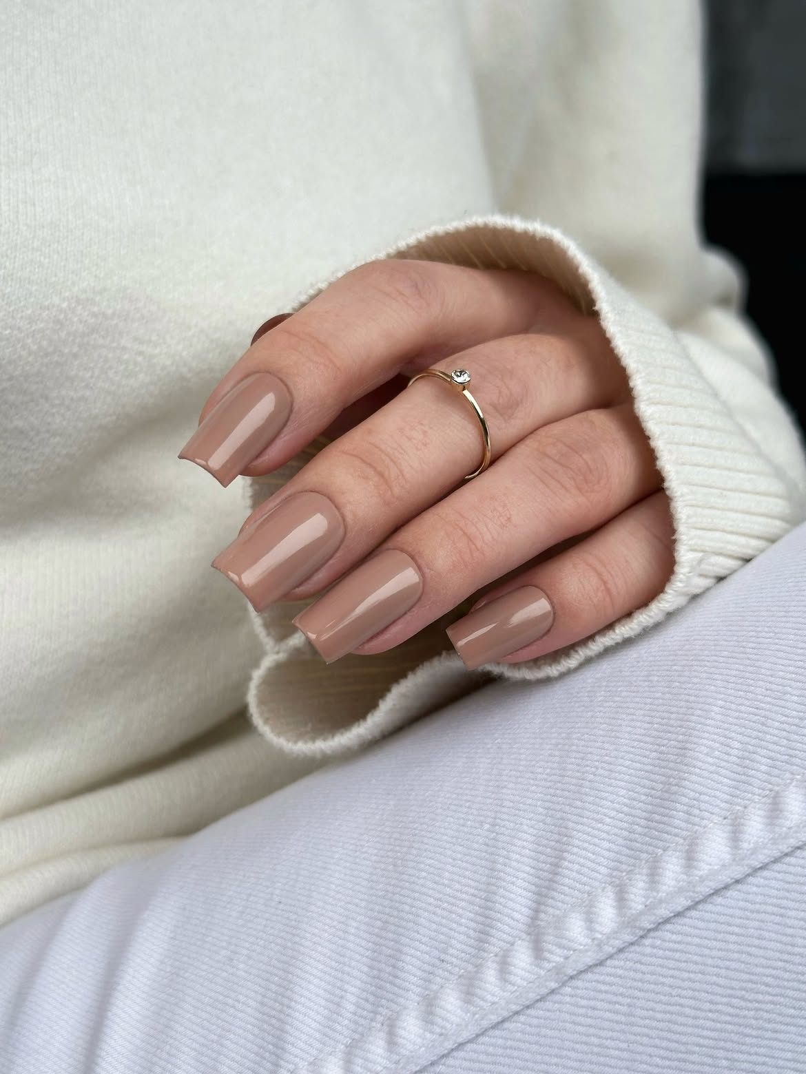 Warm Taupe Glossy Medium Square Nails