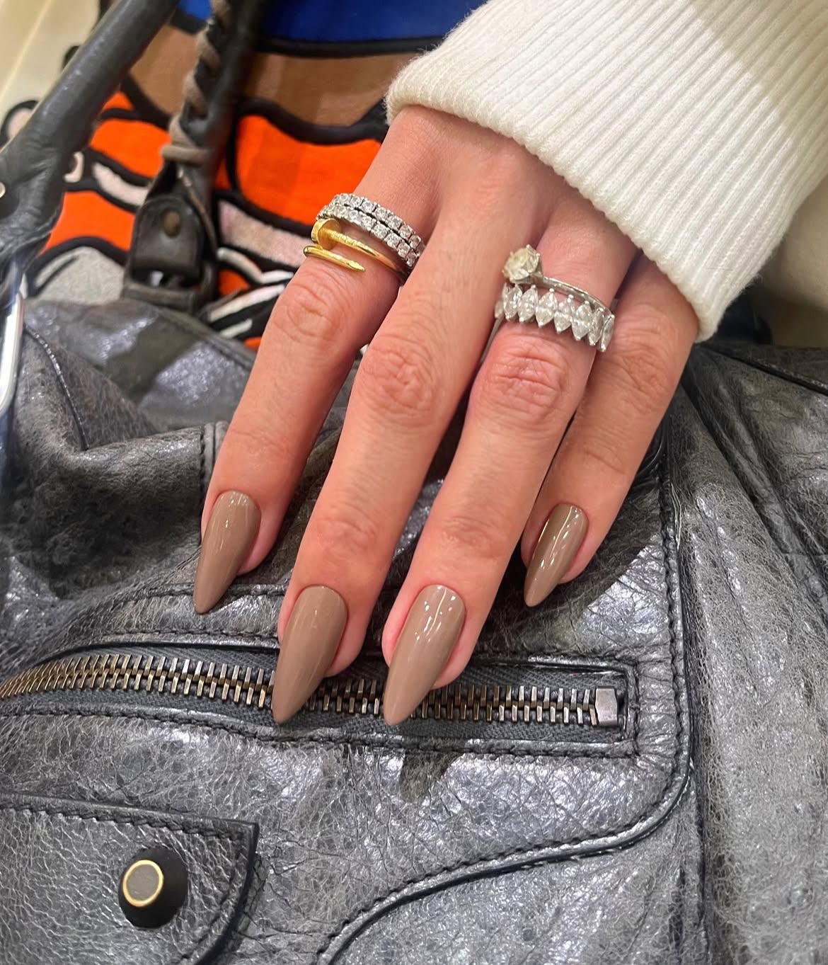 Warm Taupe Stiletto Glossy Nails