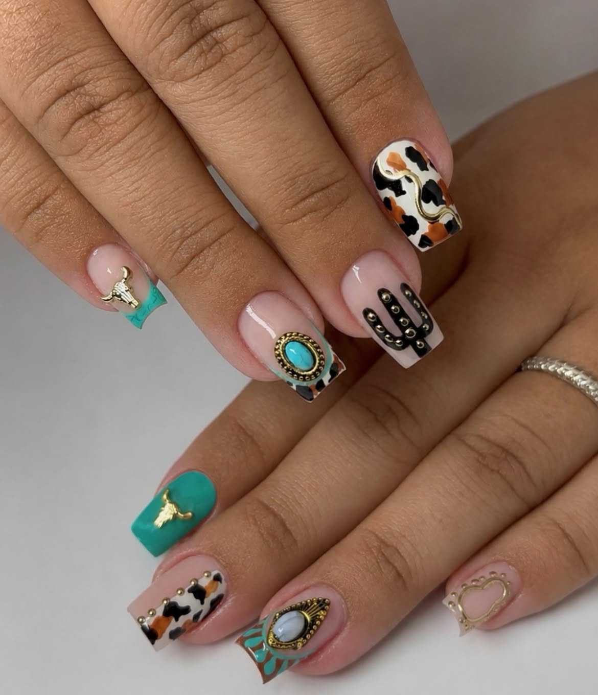 Western Turquoise Bull Skull & Cactus Nails