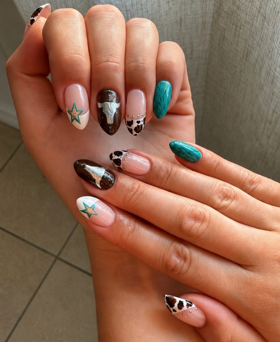 Western Turquoise Cow Print Bull Skull Nails