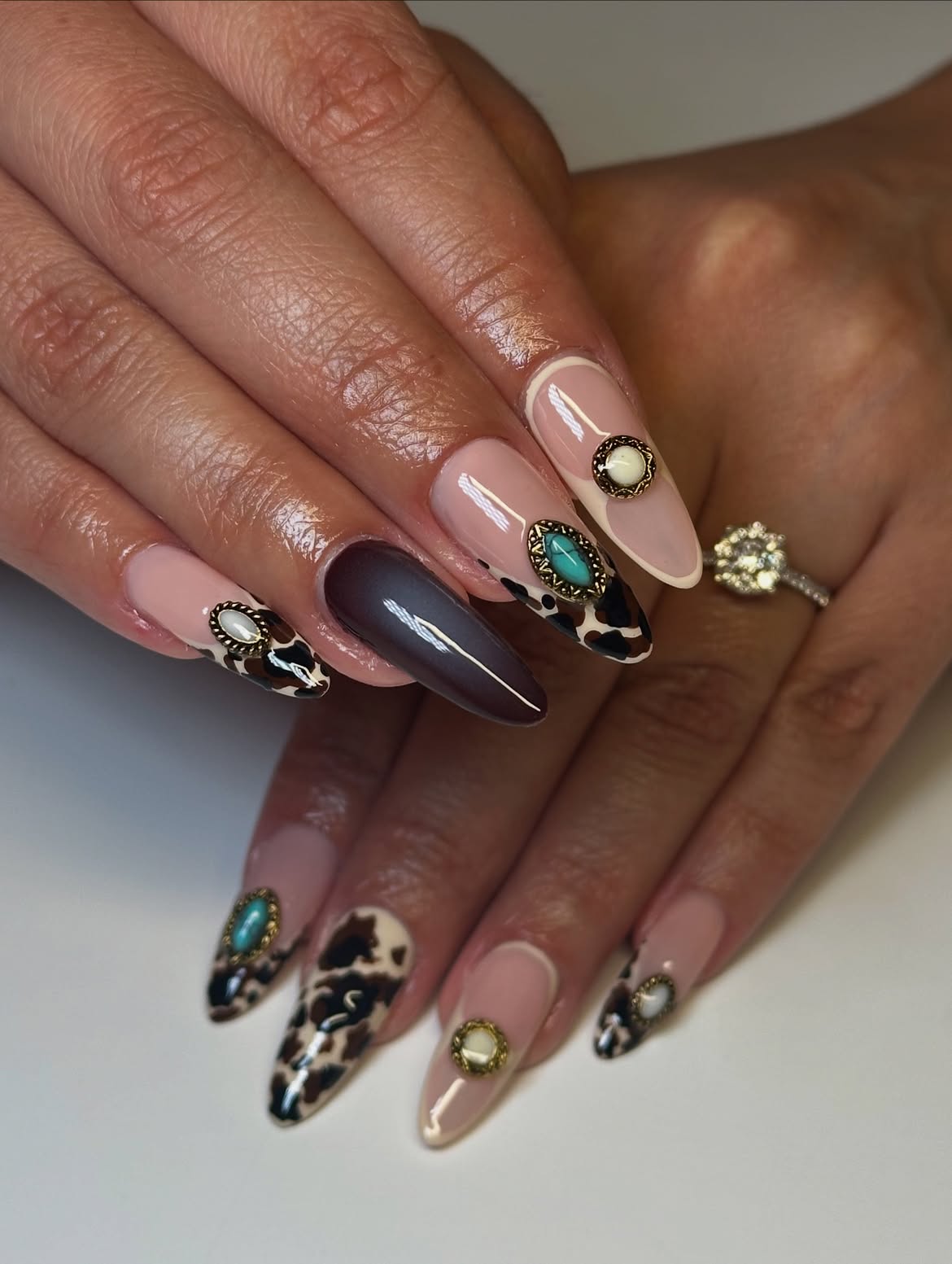 Western Turquoise Gem & Cow Print Stiletto Nails