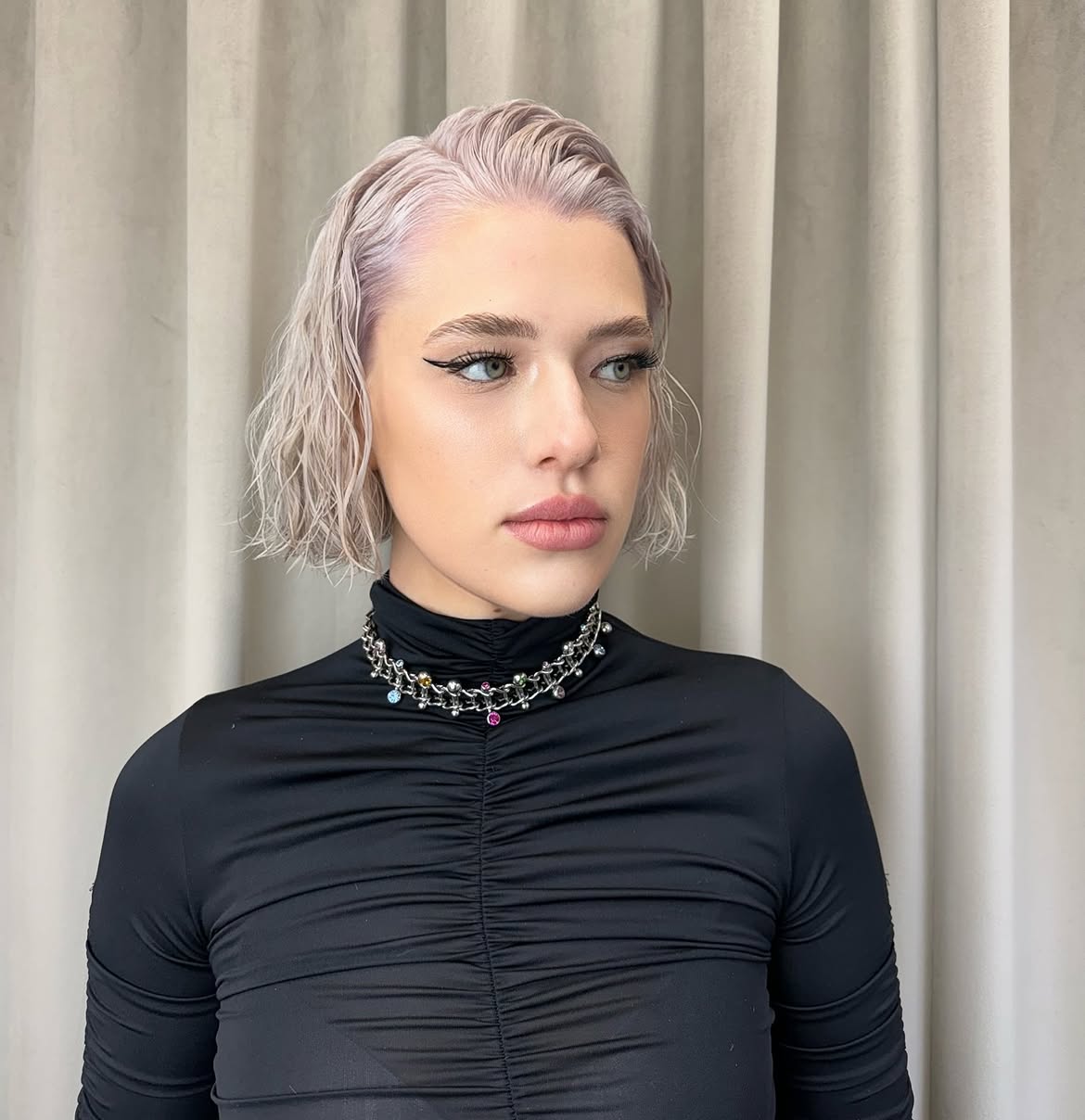 Wet Look Lilac Bob With Deep Side Part