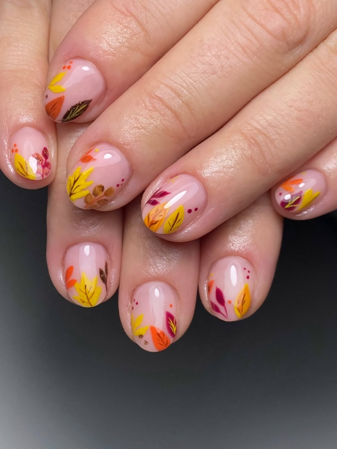Whimsical Fall Leaves French Tip Manicure
