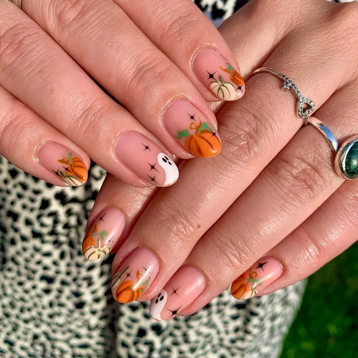 Whimsical Pumpkin Ghost Halloween French Tips