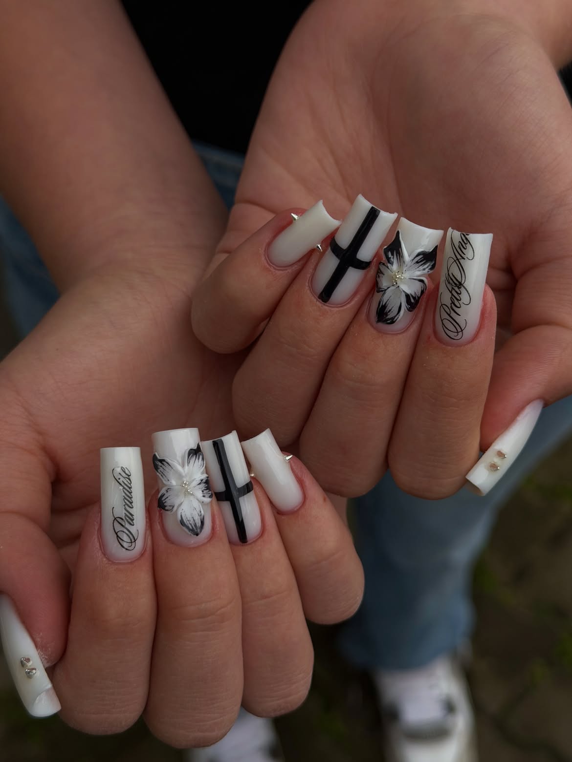 White Coffin Nails with Black Cross and Flower Art