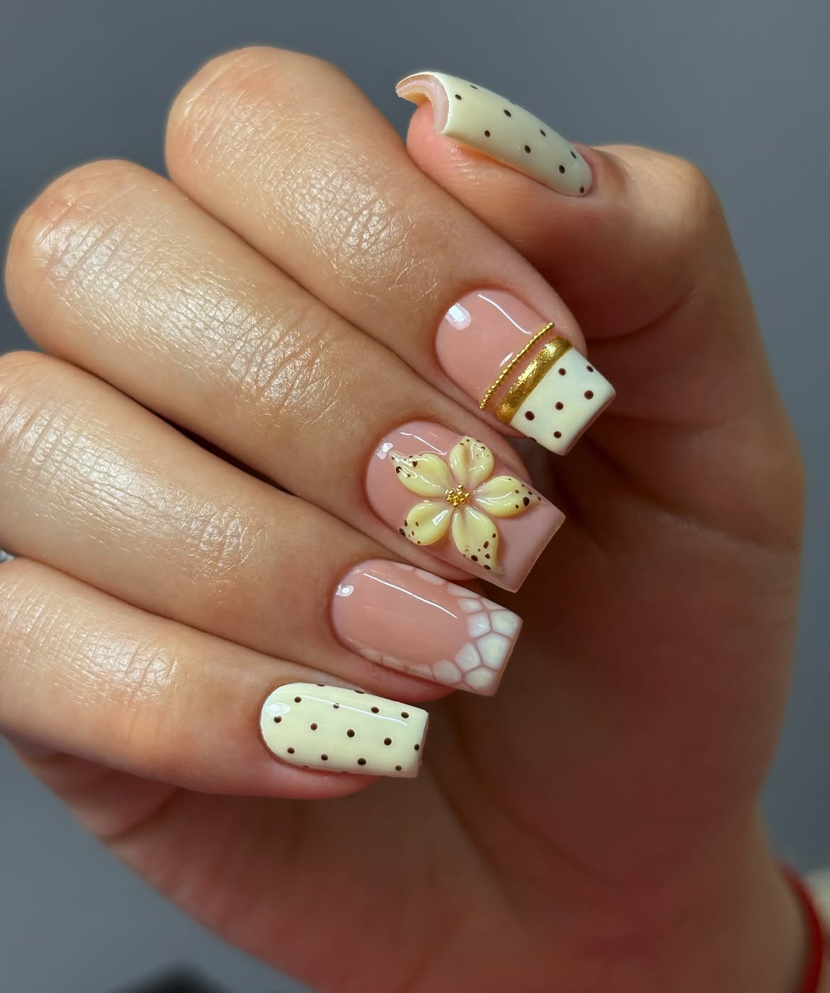 Yellow Floral Polka Dot French Tip Nails