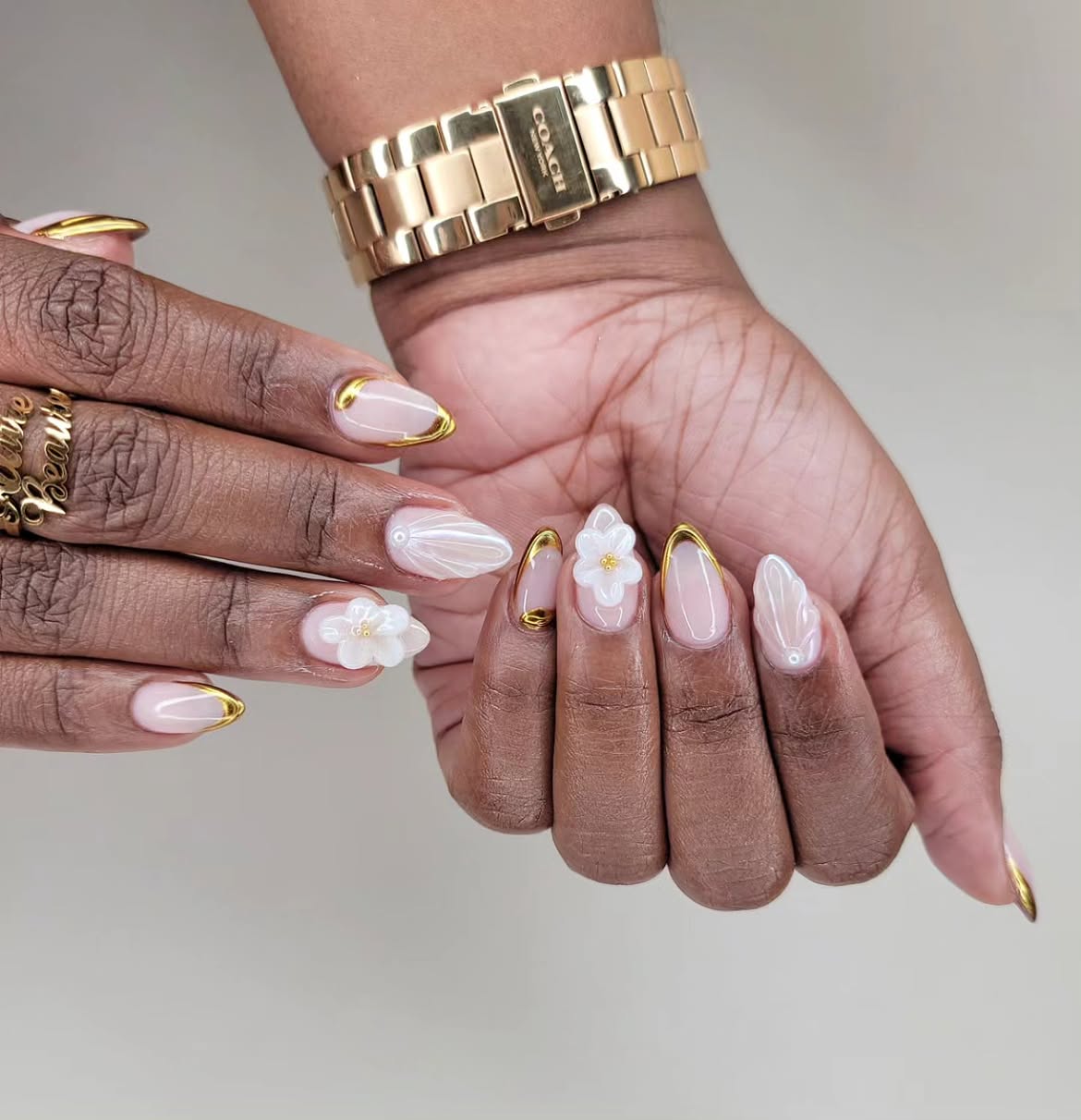 3D Pearl Flower French Tip Almond Nails
