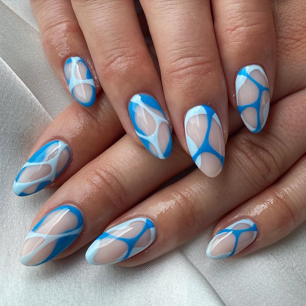 Abstract Blue Line Art Almond Nails