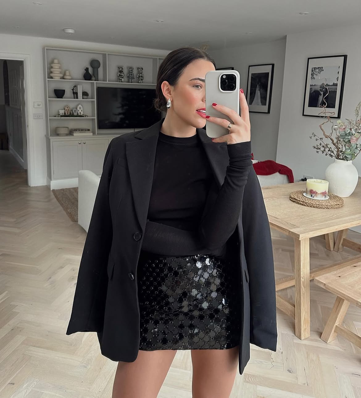 All Black Sequin Skirt And Tailored Blazer Look
