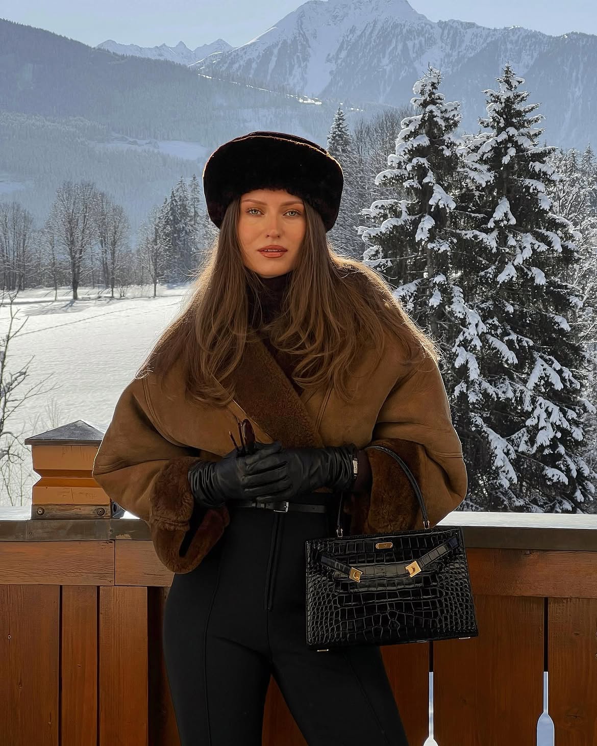 Alpine Shearling Jacket And Leather Gloves Apres Ski Look