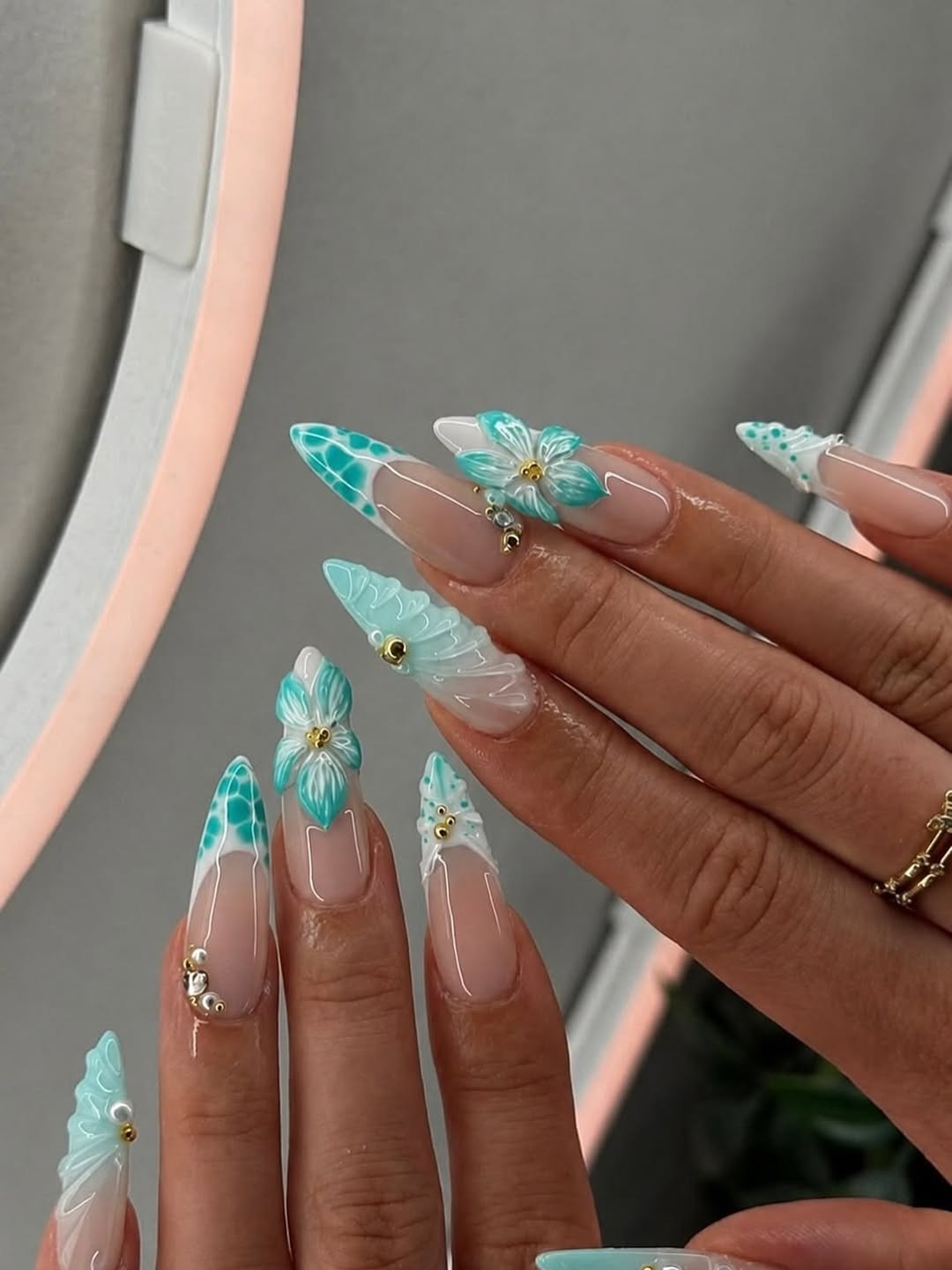 Aqua 3D Butterfly French Almond Nails