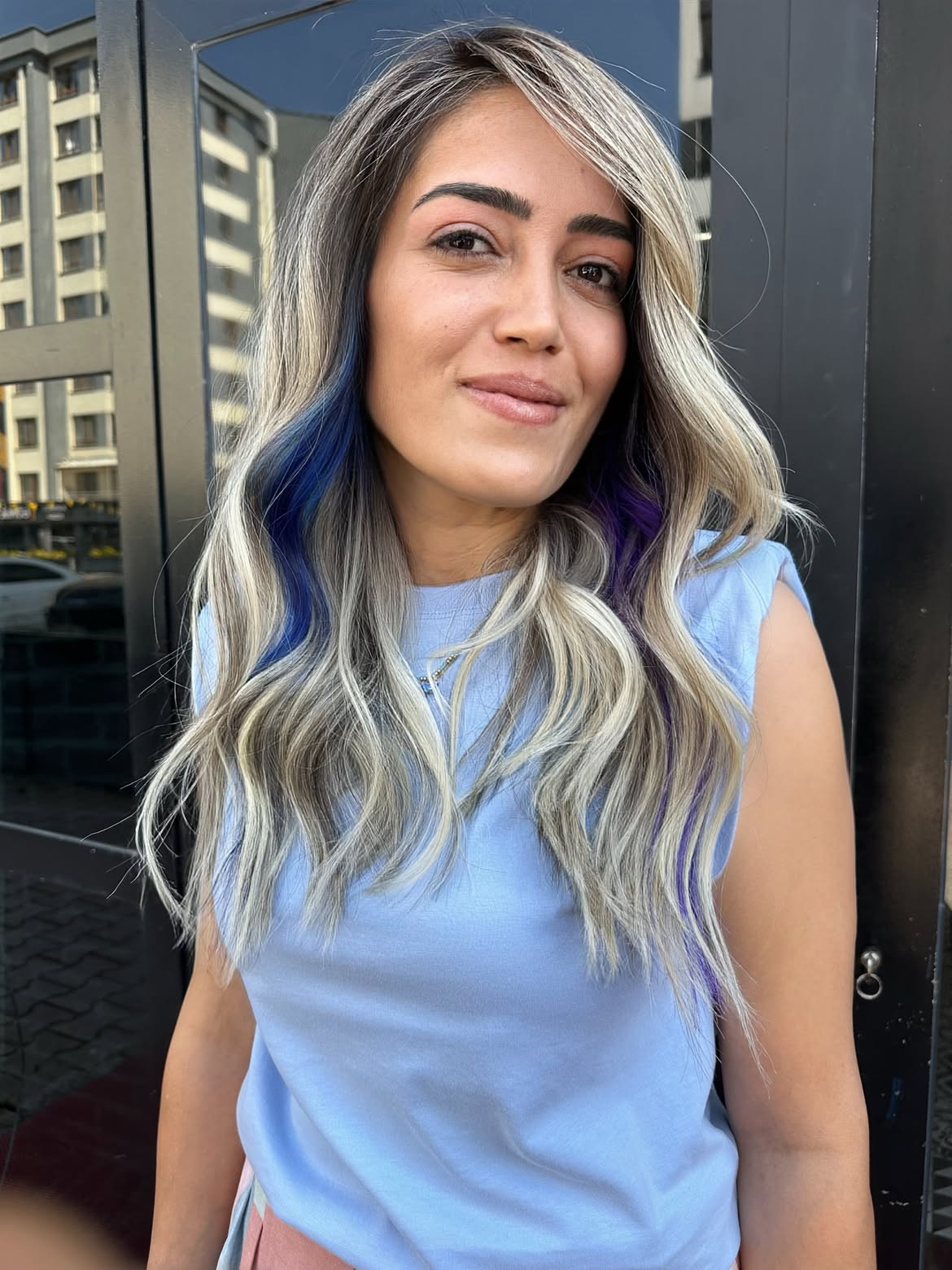 Ash Blonde Waves With Electric Blue Lowlights