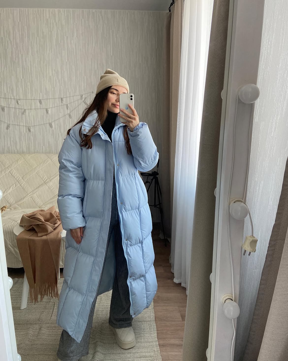 Baby Blue Long Puffer Coat With Neutral Beanie