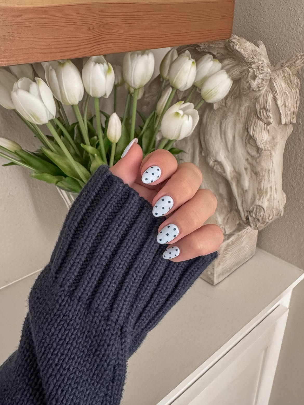 Baby Blue Matte Polka Dot Almond Nails