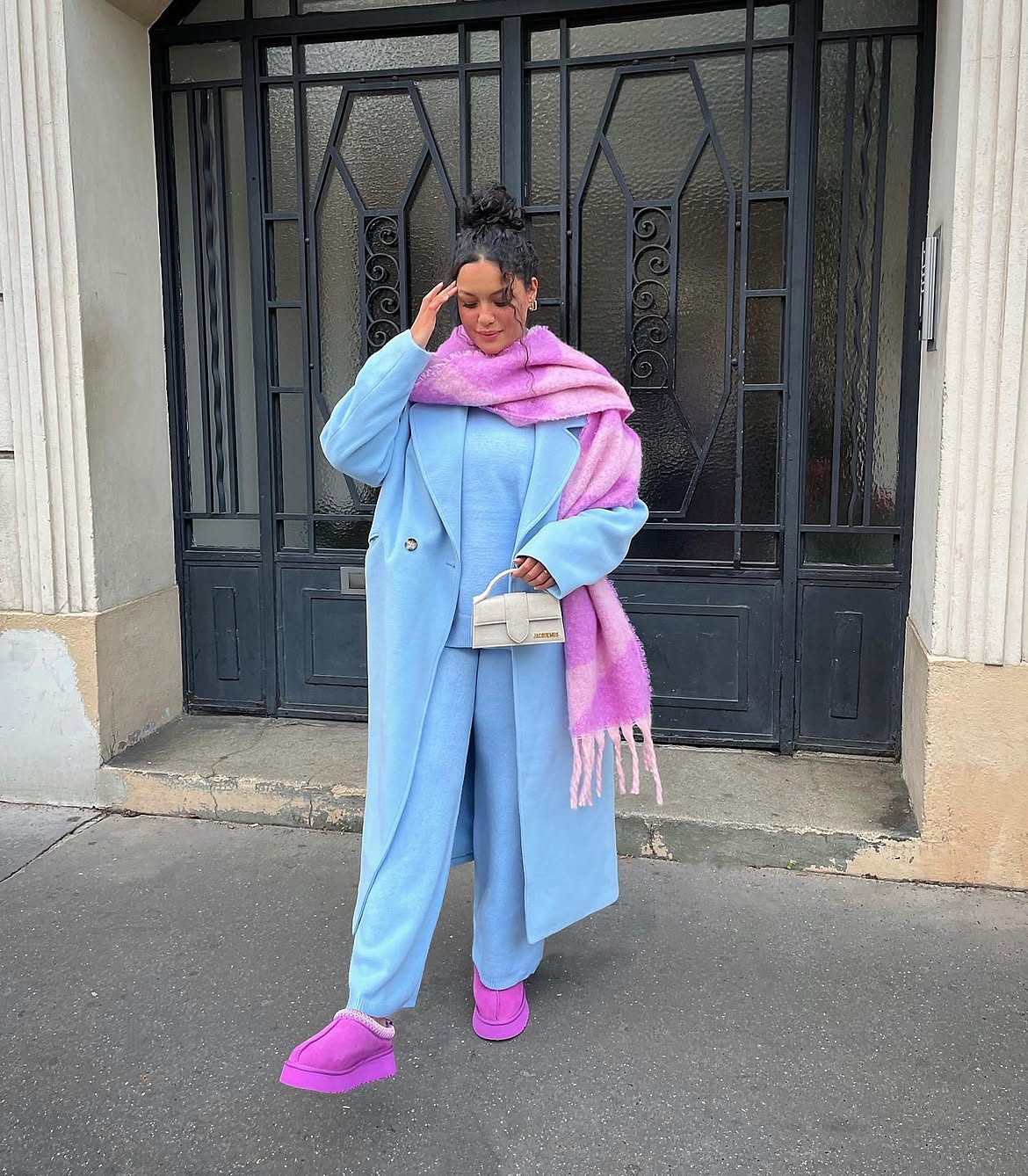 Baby Blue Wool Coat And Pink Scarf Look