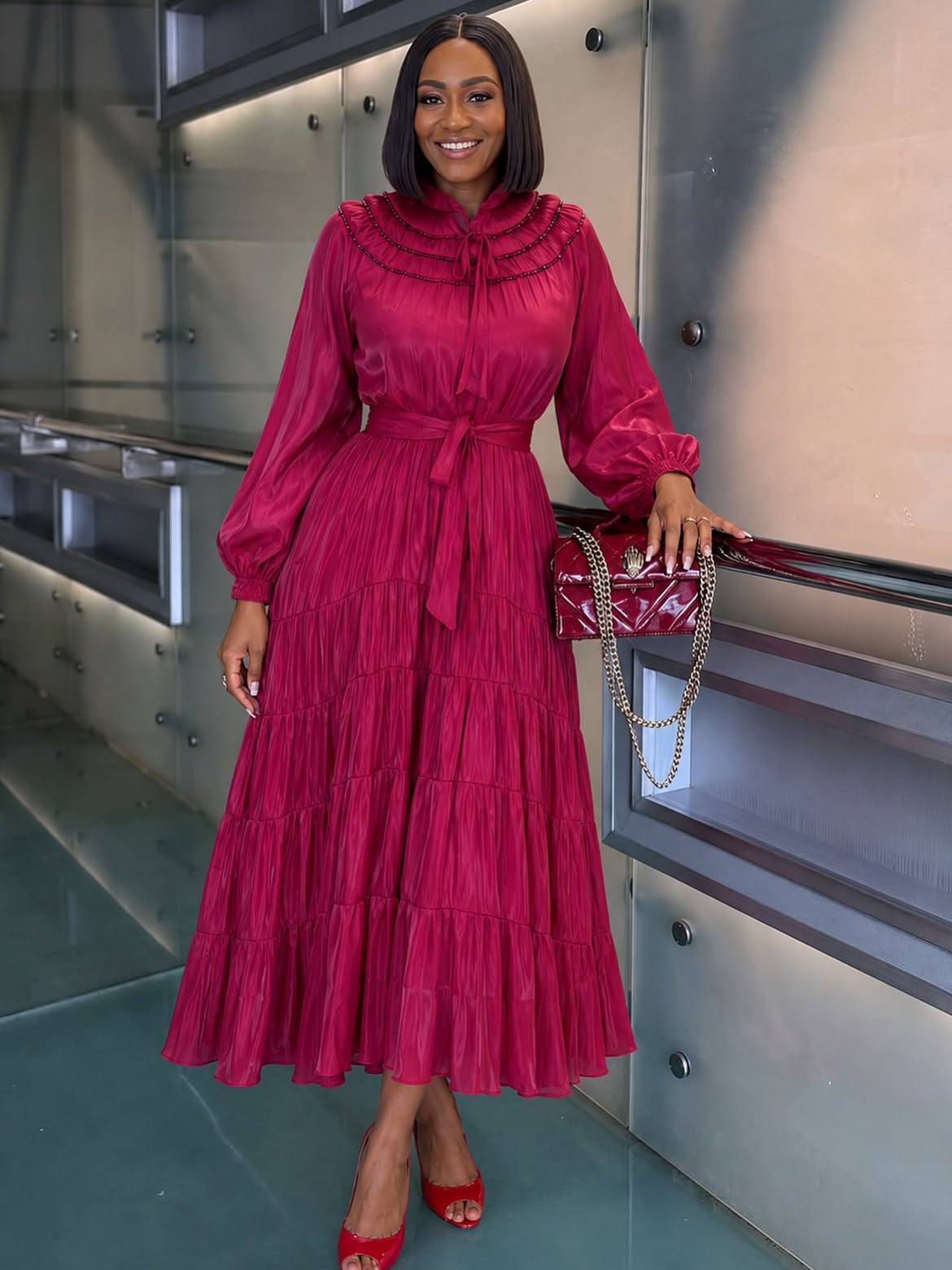 Berry Tiered Maxi Dress With Matching Heels