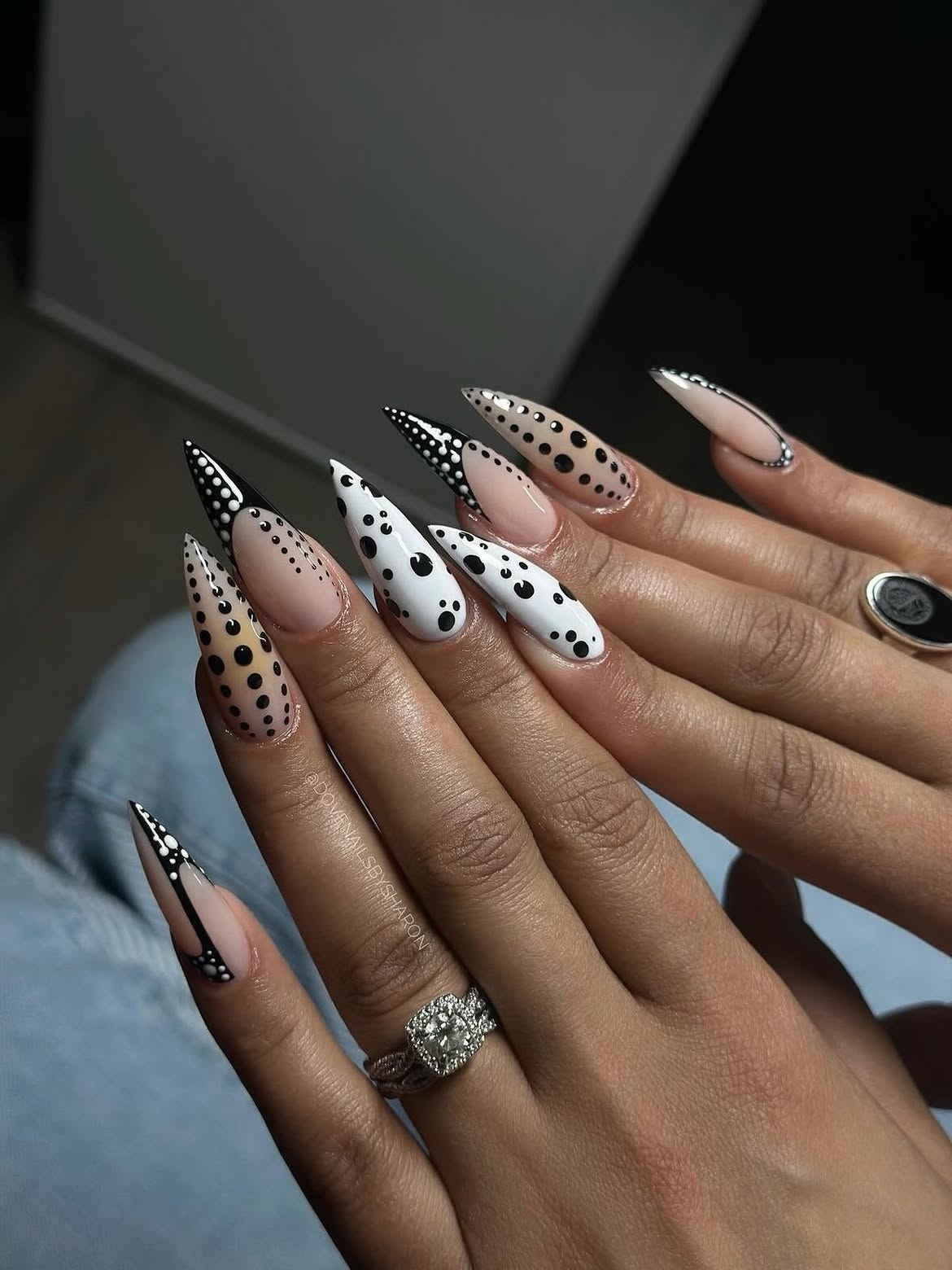 Black and White Polka Dot Stiletto Nails