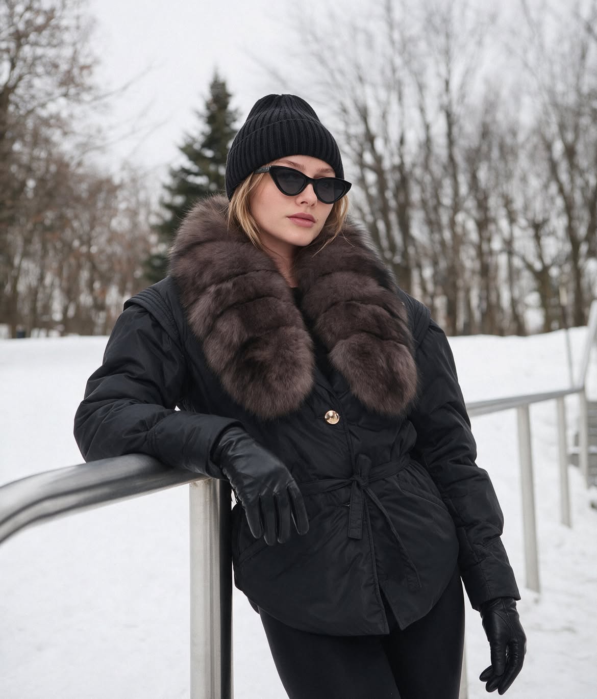 Black Belted Puffer Jacket With Faux Fur Collar