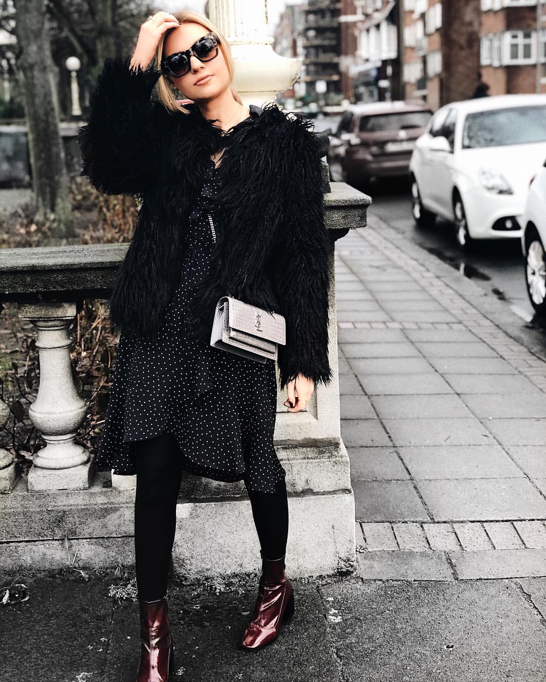 Black Faux Fur Coat And Polka Dot Dress