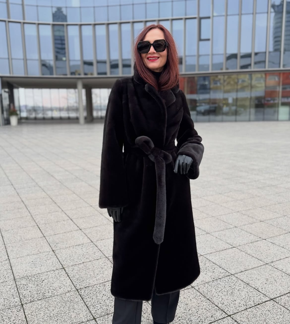 Black Faux Fur Long Coat And Leather Gloves
