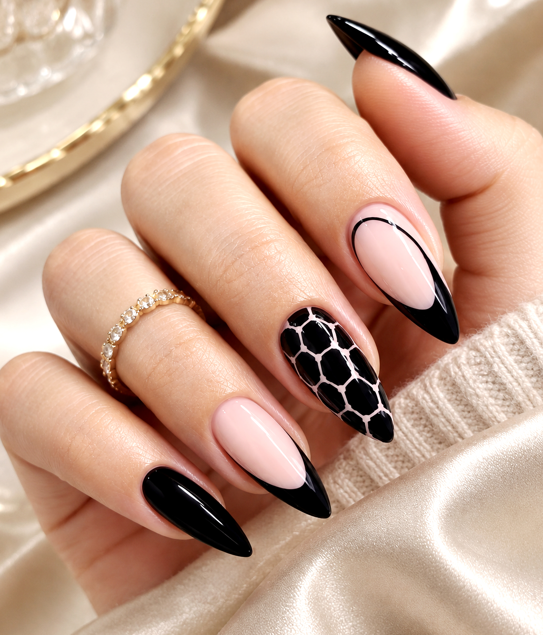 Black French Tips with Honeycomb Accent Nails