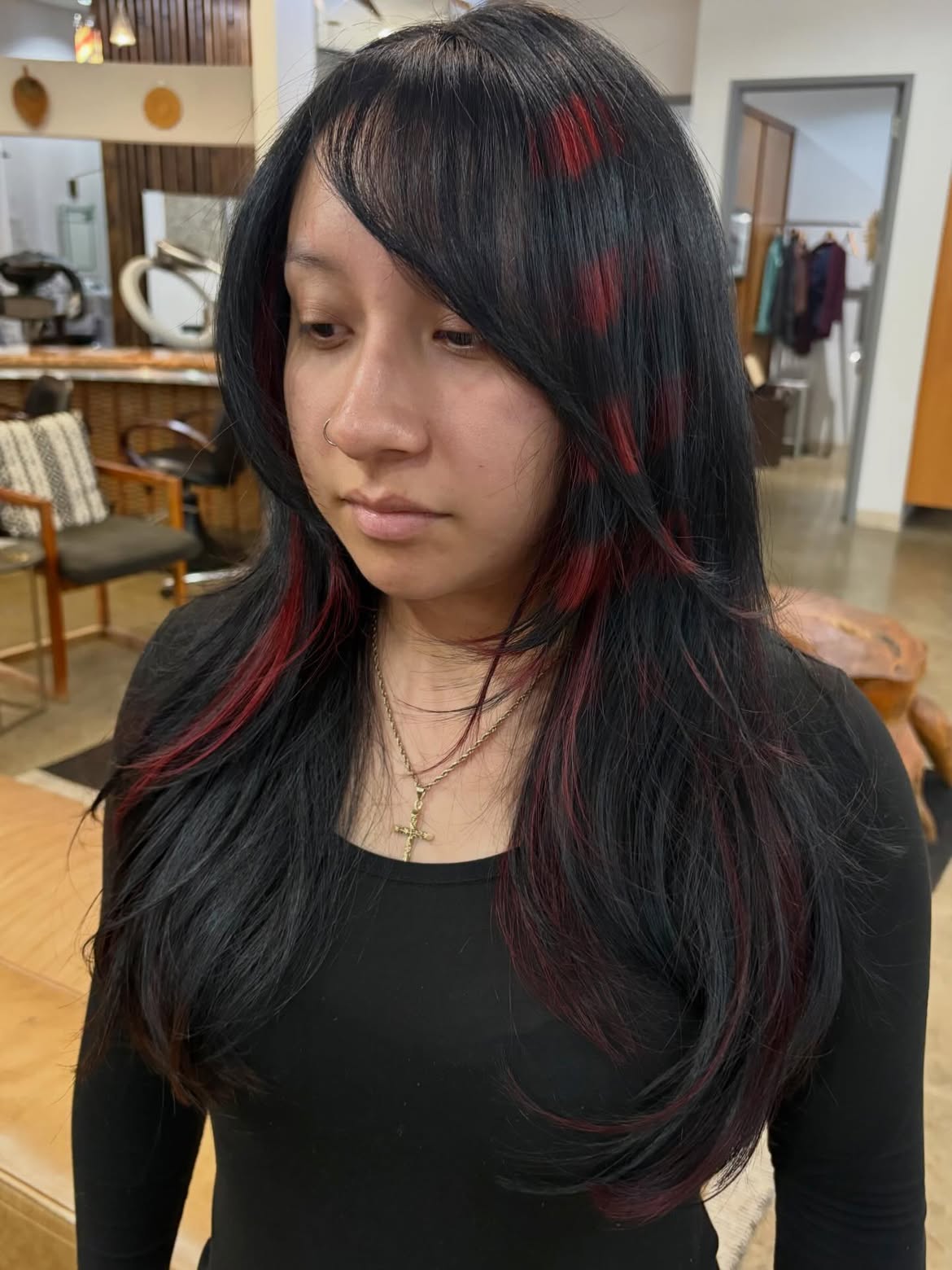 Black Hair With Cherry Red Peekaboo Highlights