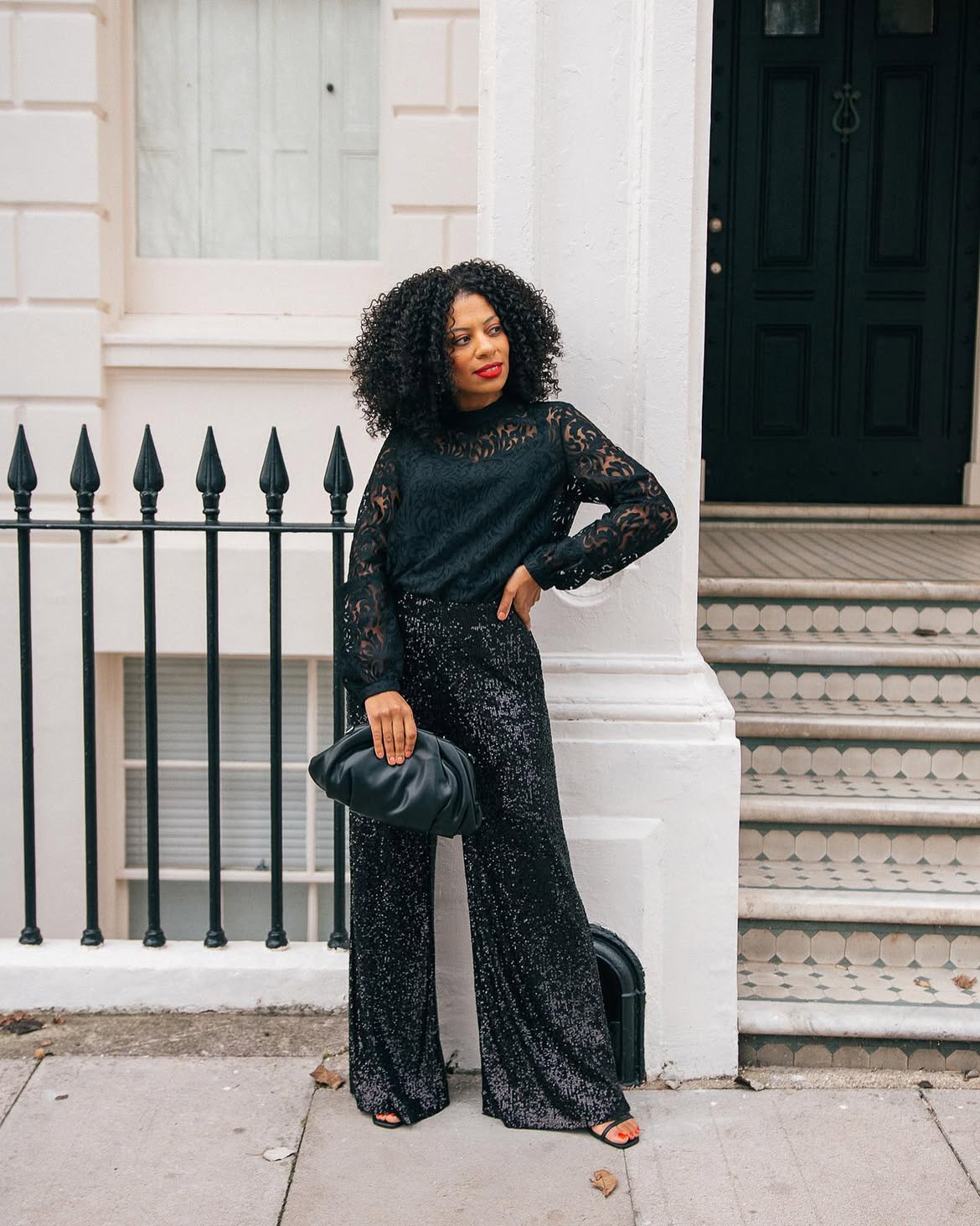 Black Lace Blouse And Sequin Wide Leg Pants