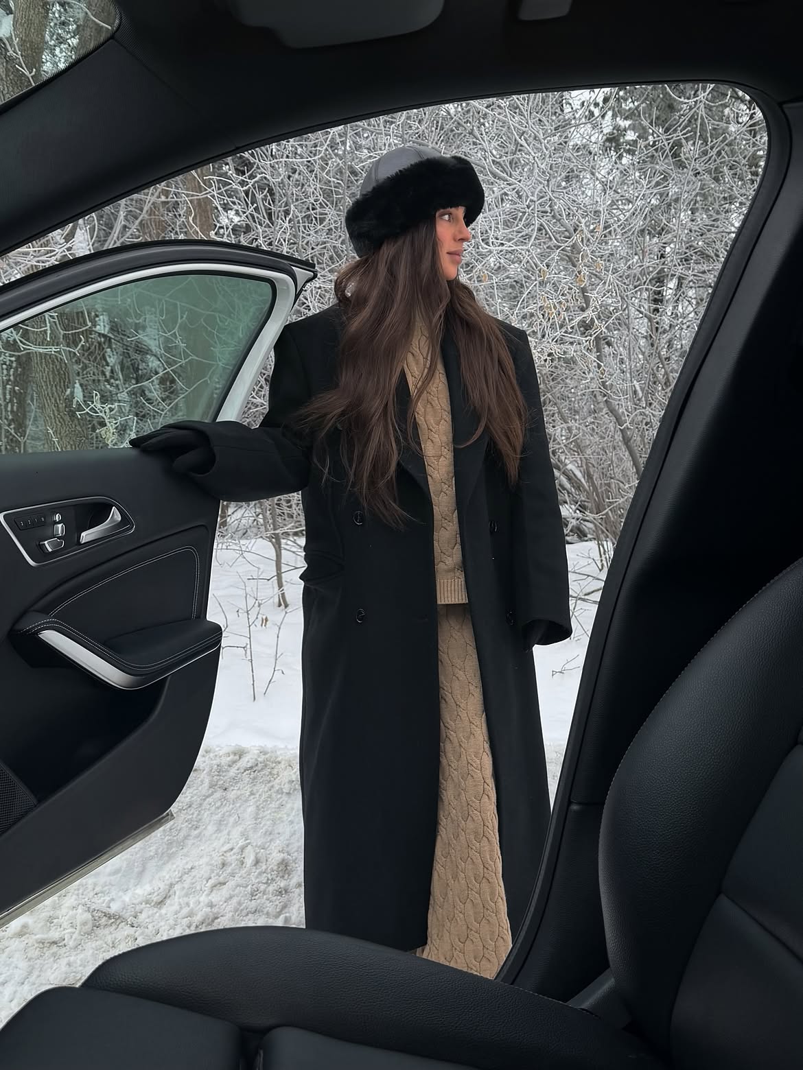 Black Maxi Coat And Cable Knit Winter Look