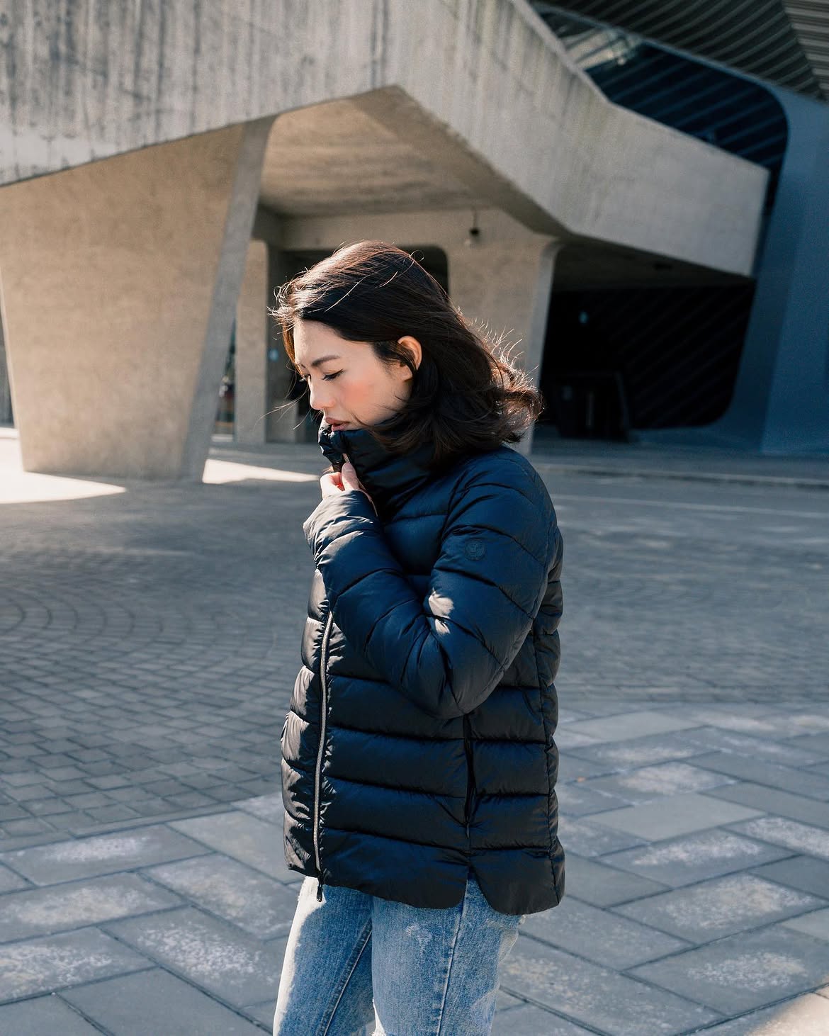 Black Quilted Puffer Jacket And Casual Denim