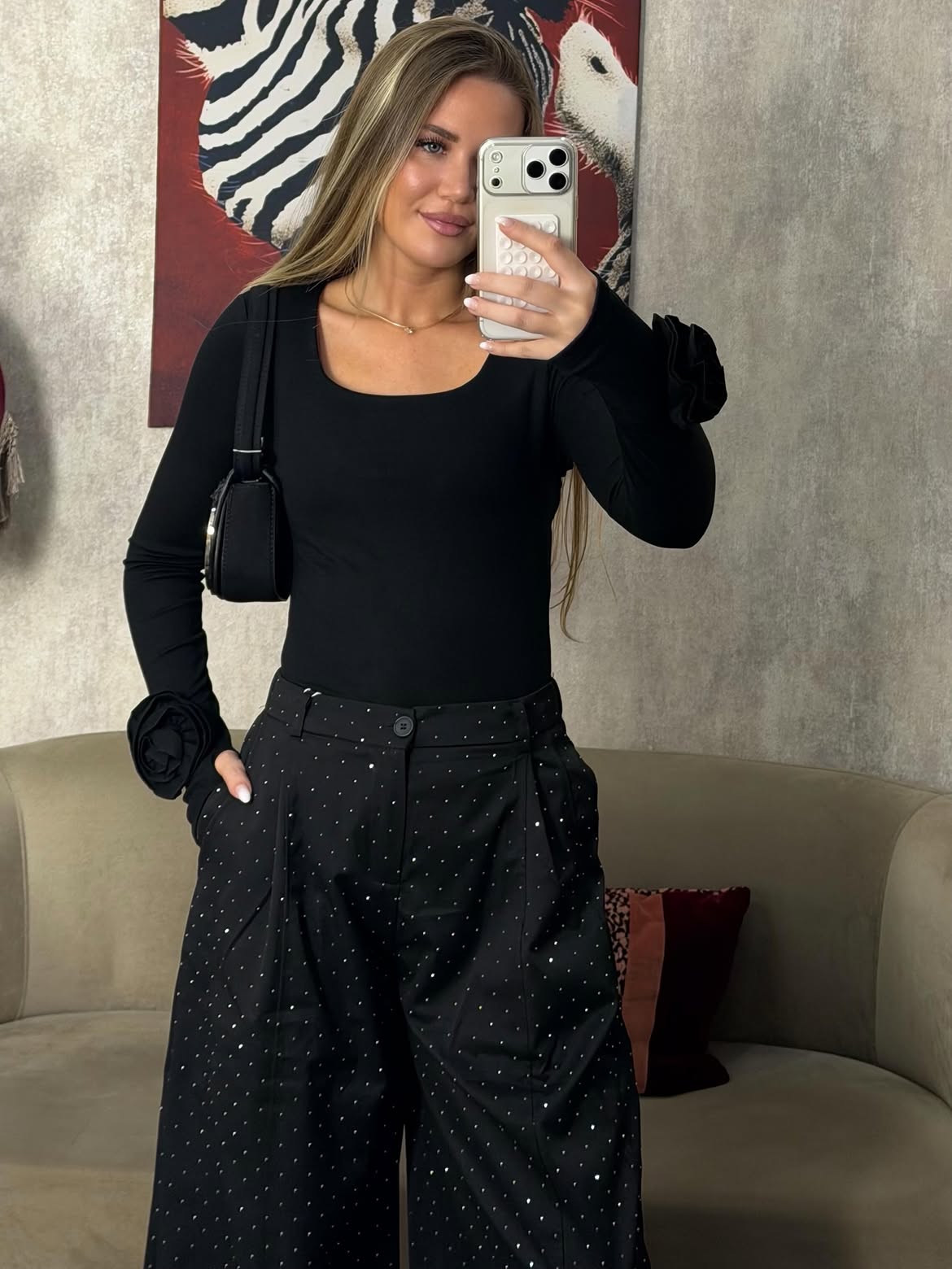 Black Scoop Neck Rosette Sleeve Top And Rhinestone Trousers