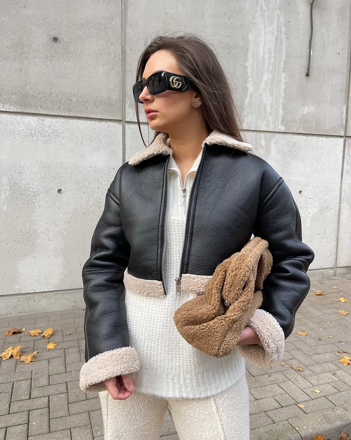 Black Shearling Bomber Jacket With Cream Knit Set