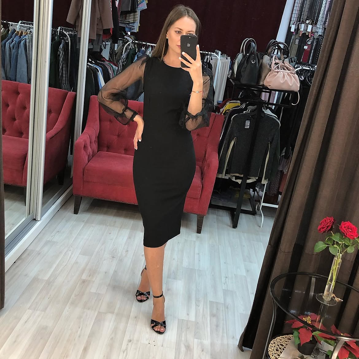 Black Sheer Sleeve Midi Dress With Strappy Heels