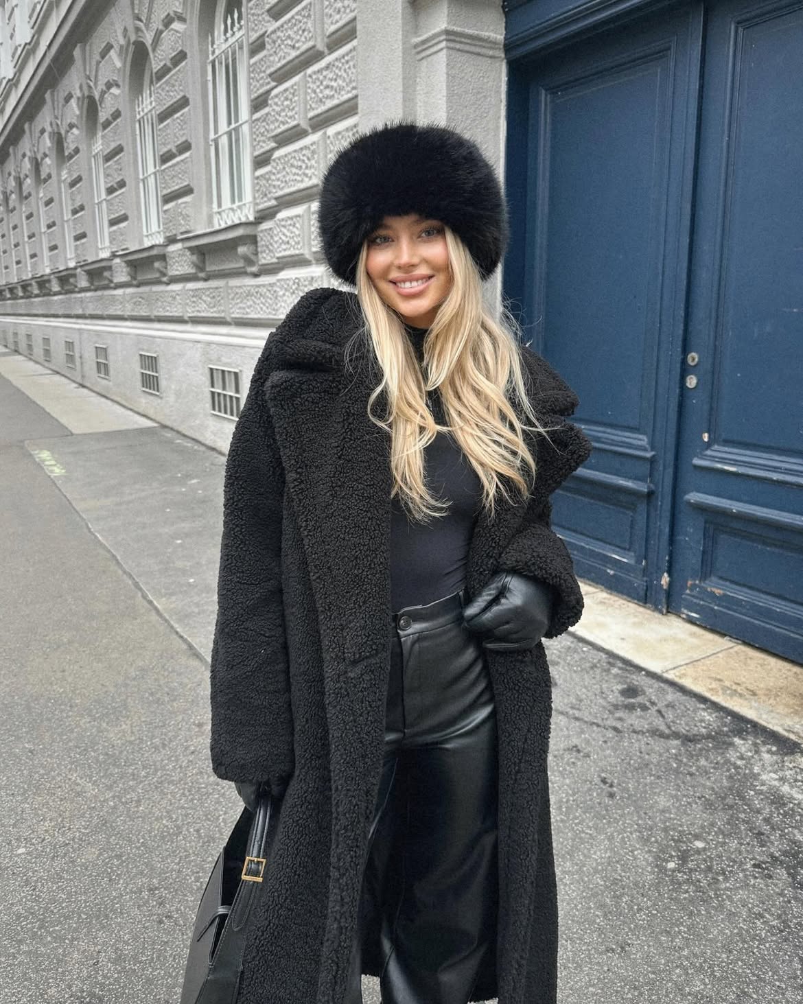 Black Teddy Coat And Leather Trousers Look