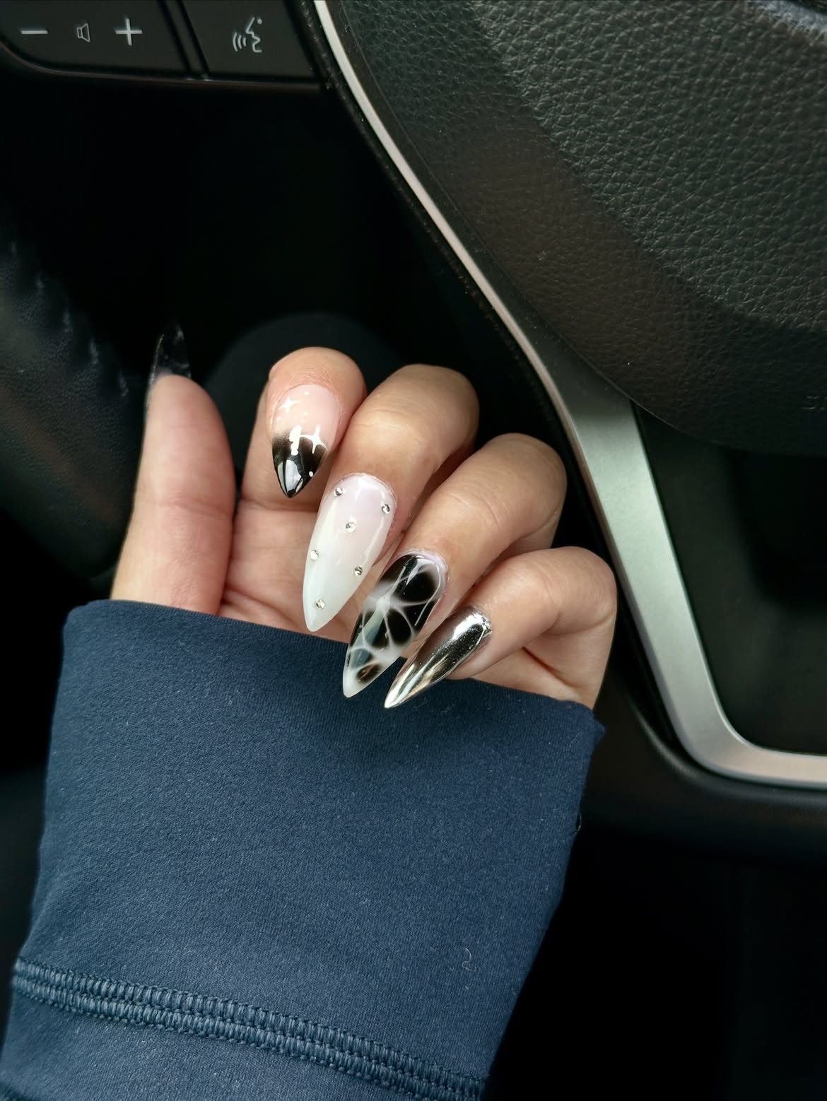 Black & White Marble Chrome Stiletto Nails