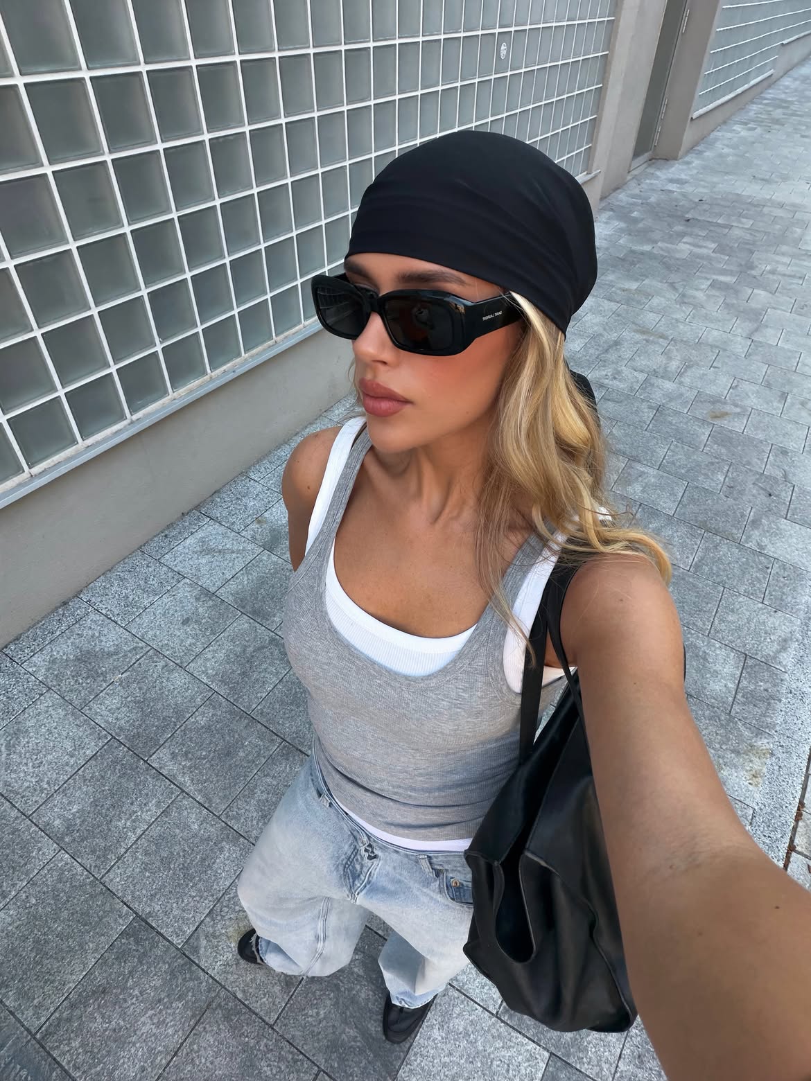 Blonde Face Framing Layers With Black Bandana