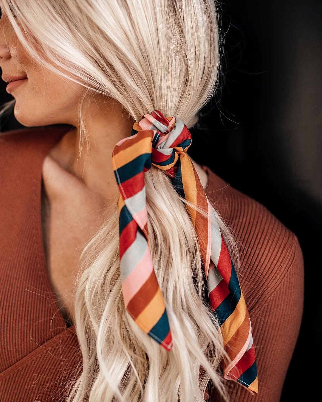 Blonde Waves with Retro Striped Scarf Ponytail