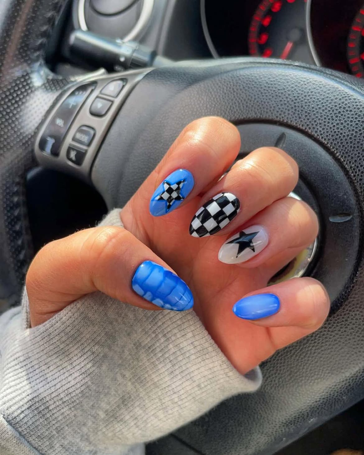 Blue Checkerboard & Star Racing Nails