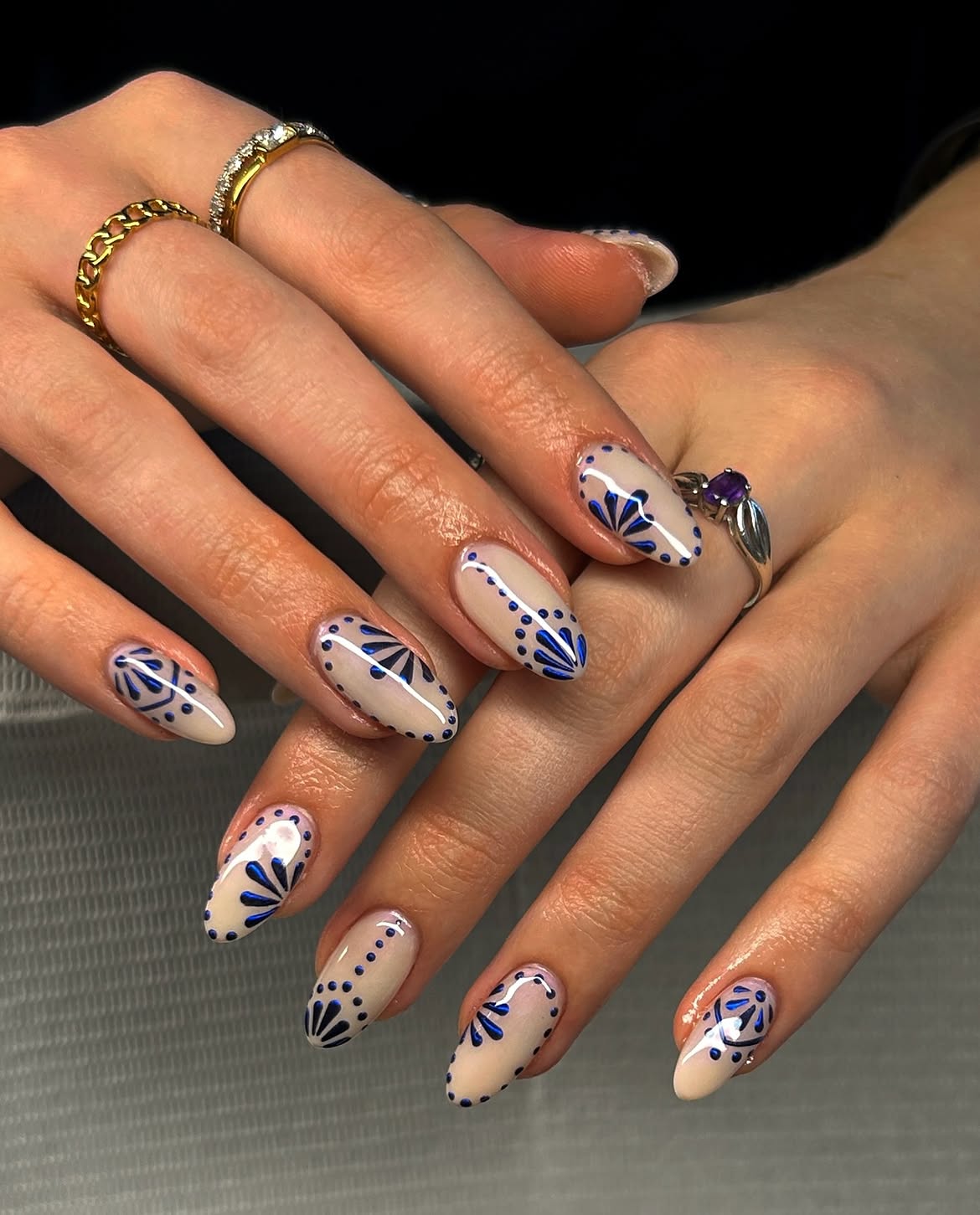 Blue Delft Tile Almond French Tips