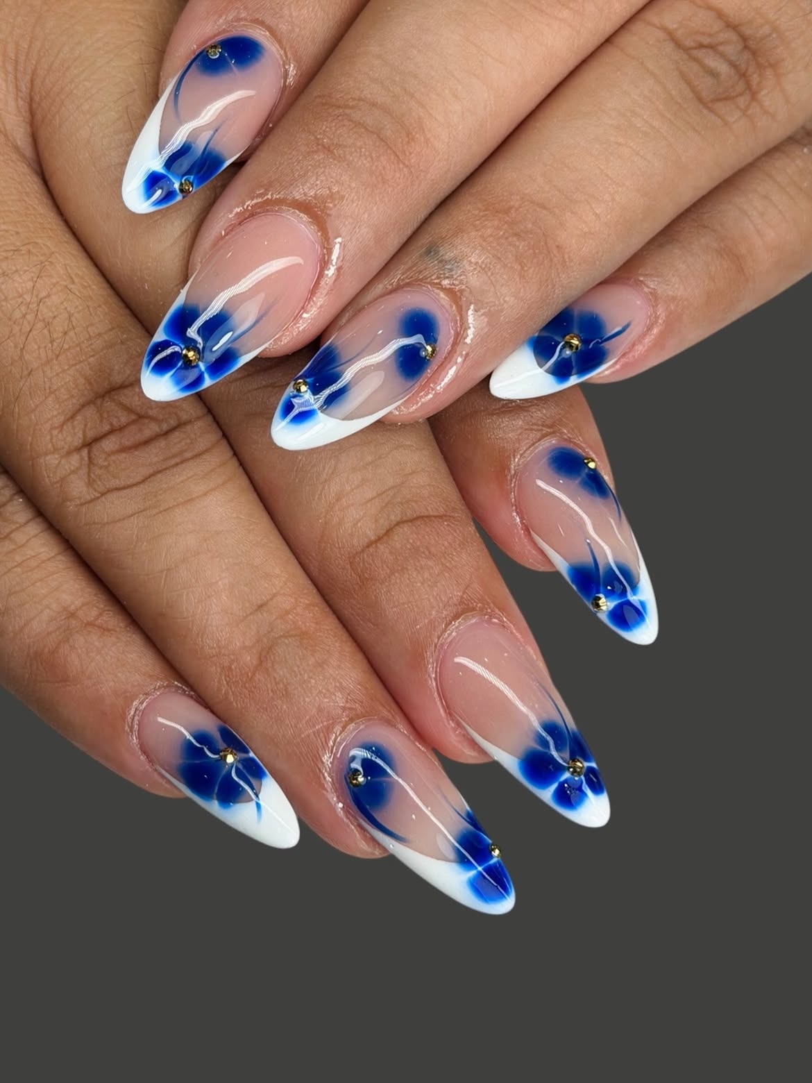 Blue Floral French Almond Nails