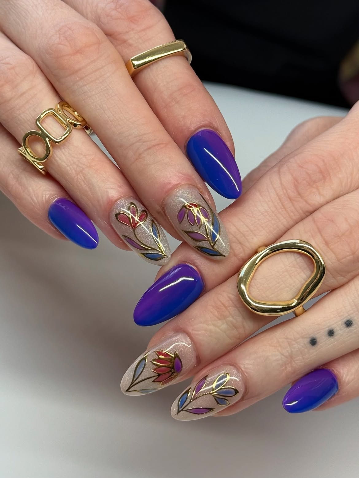 Blue Ombre Floral Almond Gel Nails