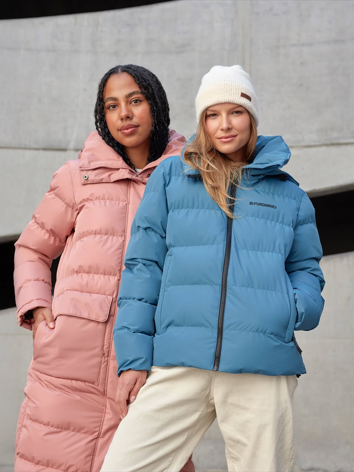 Blue Puffer Jacket With Corduroy Trousers And Beanie