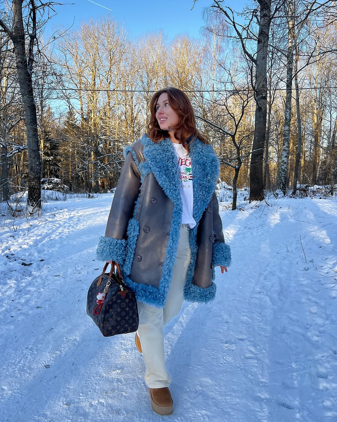 Blue Shearling Coat And Cream Denim Winter Walk