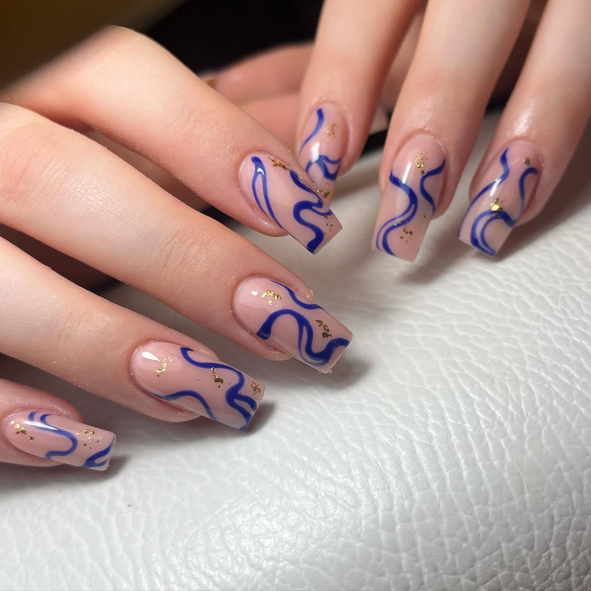 Blue Swirl French Tips with Gold Flakes